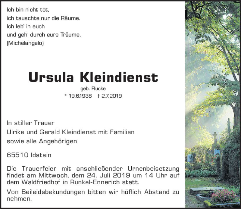  Traueranzeige für Ursula Kleindienst vom 19.07.2019 aus vrm-trauer