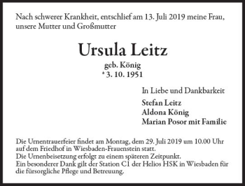 Traueranzeige von Ursula Leitz von vrm-trauer