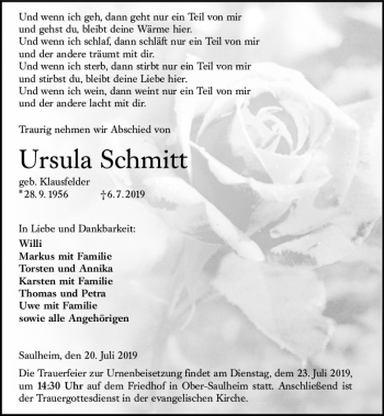 Traueranzeige von Ursula Schmitt von vrm-trauer