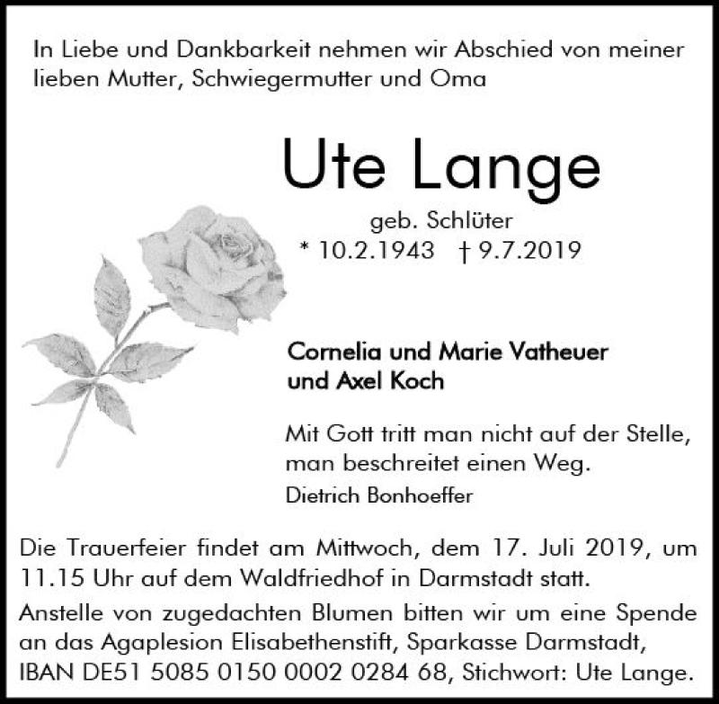  Traueranzeige für Ute Lange vom 13.07.2019 aus vrm-trauer