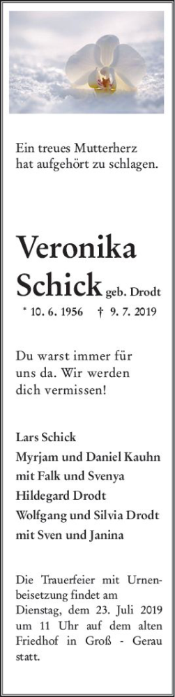 Traueranzeige von Veronika Schick von vrm-trauer