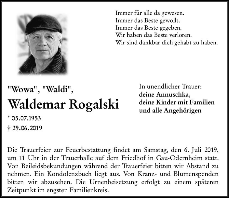  Traueranzeige für Waldemar Rogalski vom 03.07.2019 aus vrm-trauer
