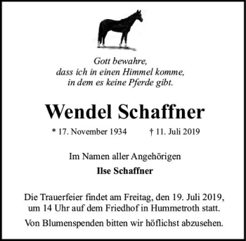 Traueranzeige von Wendel Schaffner von vrm-trauer
