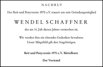 Traueranzeige von Wendel Schaffner von vrm-trauer
