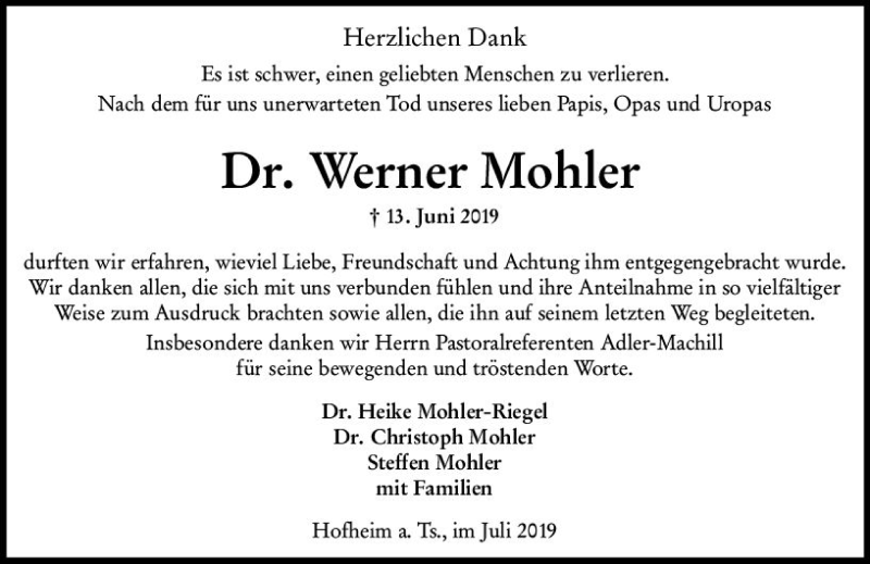  Traueranzeige für Werner Mohler vom 12.07.2019 aus vrm-trauer