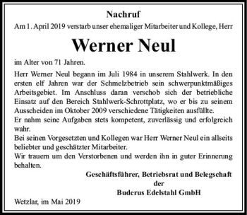 Traueranzeige von Werner Neul von  WNZ - Wetzlarer Neue Zeitung ()