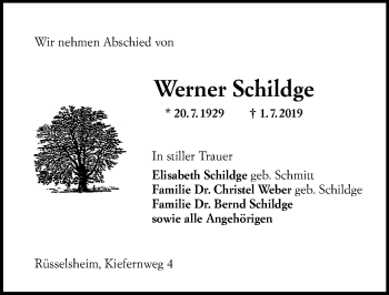 Traueranzeige von Werner Schildge von vrm-trauer