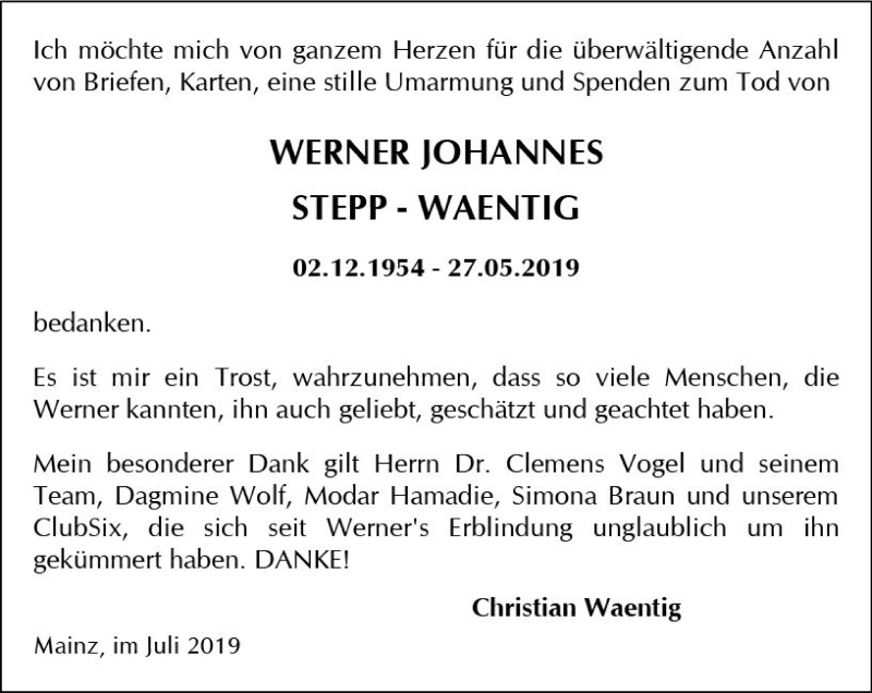  Traueranzeige für Werner Johannes Stepp-Waentig vom 20.07.2019 aus vrm-trauer