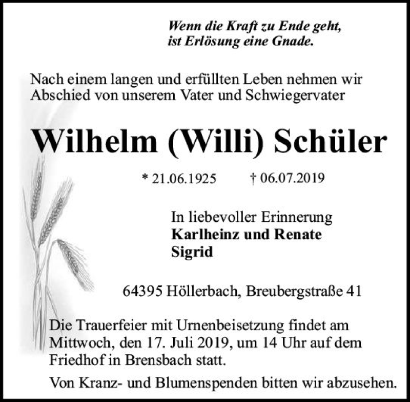  Traueranzeige für Wilhelm Schüler vom 13.07.2019 aus vrm-trauer