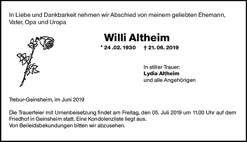  Traueranzeige für Wilhelm Ludwig Altheim vom 01.07.2019 aus vrm-trauer
