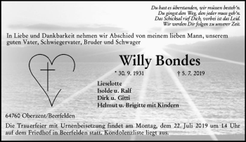 Traueranzeige von Willy Bondes von vrm-trauer