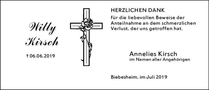  Traueranzeige für Willy Kirsch vom 20.07.2019 aus vrm-trauer