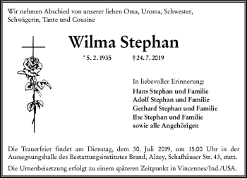 Traueranzeige von Wilma Stephan von vrm-trauer