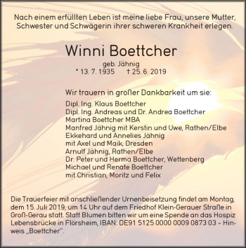 Traueranzeige von Winni Boettcher von vrm-trauer