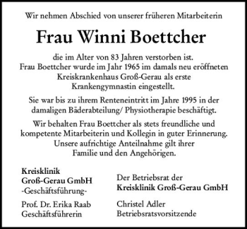 Traueranzeige von Winni Boettcher von vrm-trauer