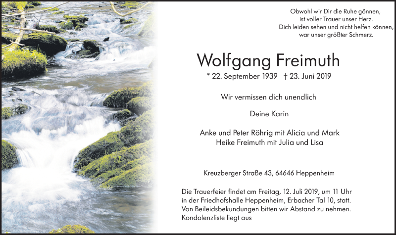  Traueranzeige für Wolfgang Freimuth vom 06.07.2019 aus vrm-trauer