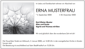 Traueranzeige von Erna Musterfrau von VRM Tageszeitungen