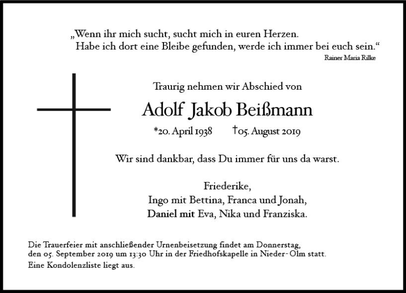  Traueranzeige für Adolf Jakob Beißmann vom 31.08.2019 aus vrm-trauer