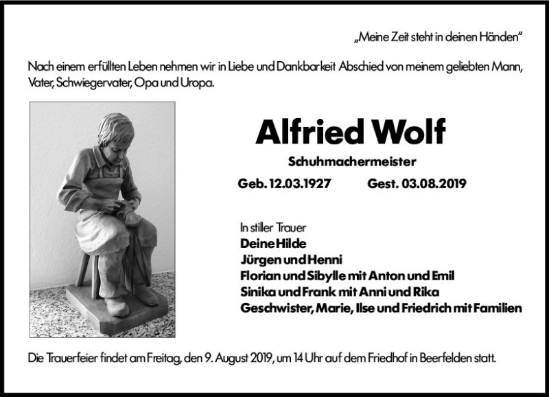  Traueranzeige für Alfried Wolf vom 07.08.2019 aus vrm-trauer