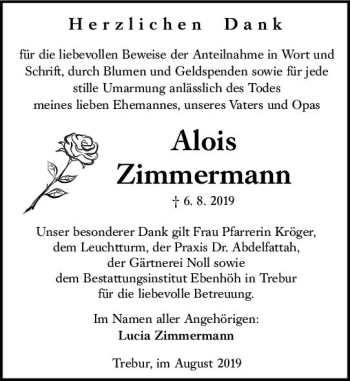 Traueranzeige von Alois Zimmermann von vrm-trauer