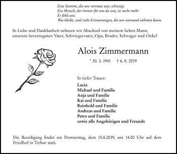 Traueranzeige von Alois Zimmermann von vrm-trauer
