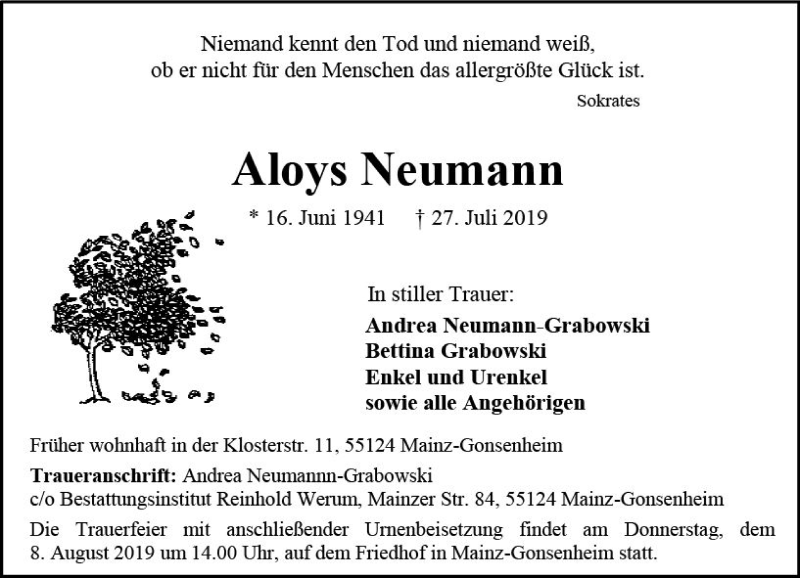  Traueranzeige für Aloys Neumann vom 03.08.2019 aus vrm-trauer