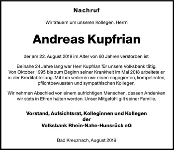 Traueranzeige von Andreas Kupfrian von vrm-trauer