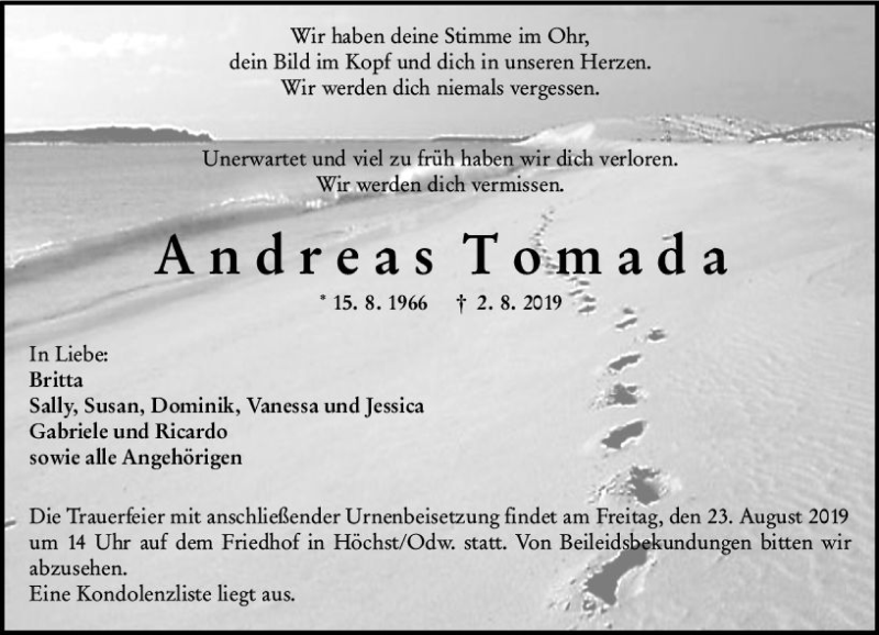  Traueranzeige für Andreas Tomada vom 19.08.2019 aus vrm-trauer