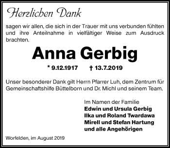 Traueranzeige von Anna Gerbig von vrm-trauer