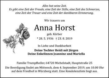 Traueranzeige von Anna Horst von vrm-trauer