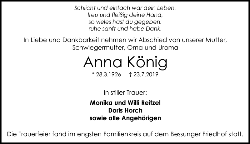  Traueranzeige für Anna König vom 10.08.2019 aus vrm-trauer