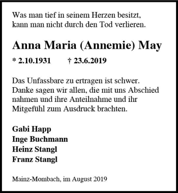Traueranzeige von Anna Maria  May von vrm-trauer