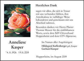 Traueranzeige von Anneliese Kasper von vrm-trauer