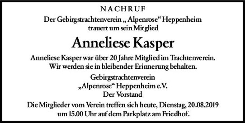  Traueranzeige für Anneliese Kasper vom 20.08.2019 aus vrm-trauer