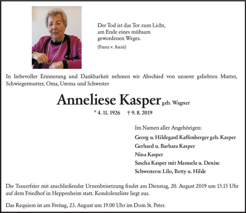  Traueranzeige für Anneliese Kasper vom 14.08.2019 aus vrm-trauer