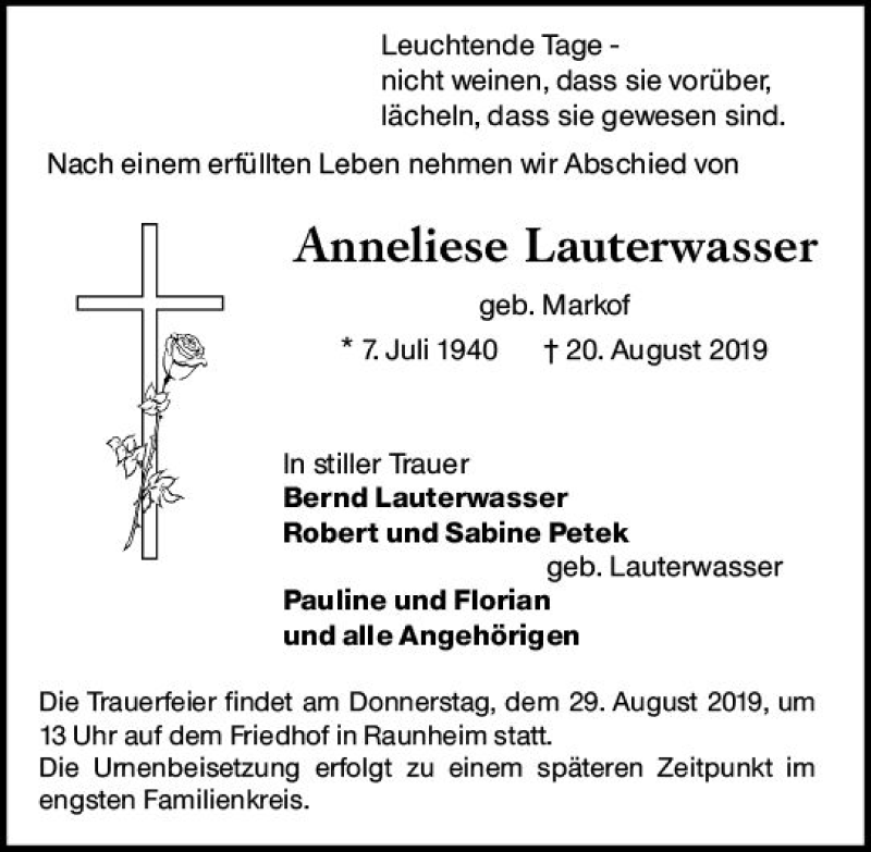  Traueranzeige für Anneliese Lauterwasser vom 24.08.2019 aus vrm-trauer