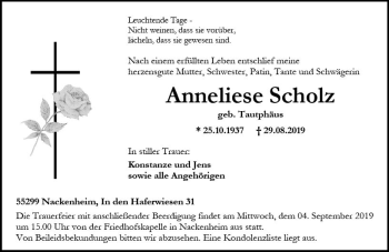 Traueranzeige von Anneliese Scholz von vrm-trauer