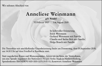 Traueranzeige von Anneliese Weinmann von vrm-trauer