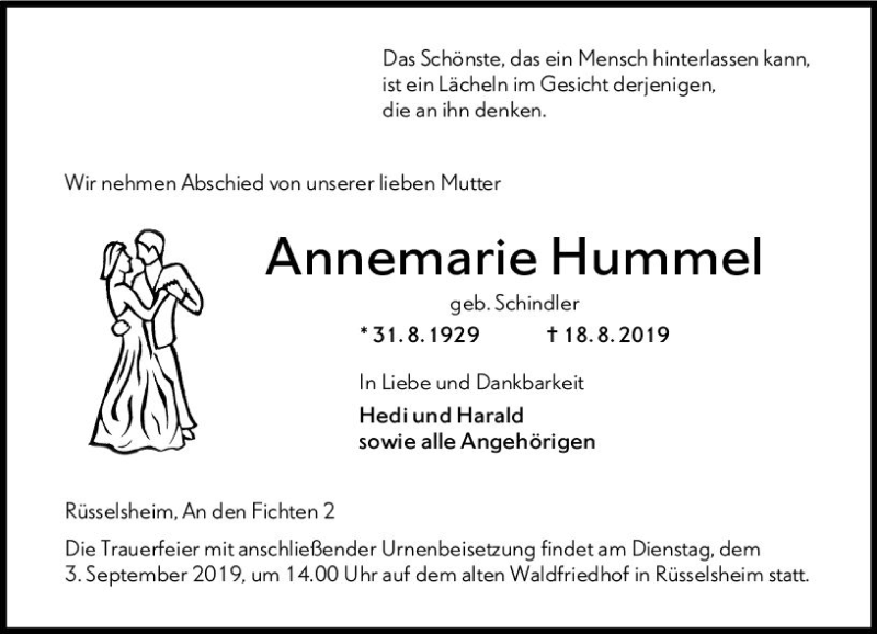  Traueranzeige für Annemarie Hummel vom 31.08.2019 aus vrm-trauer