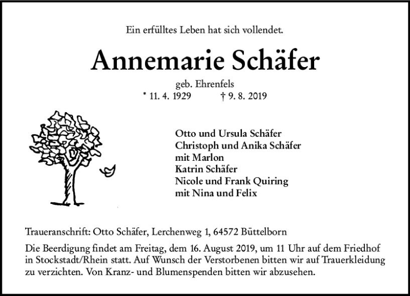  Traueranzeige für Annemarie Schäfer vom 14.08.2019 aus vrm-trauer