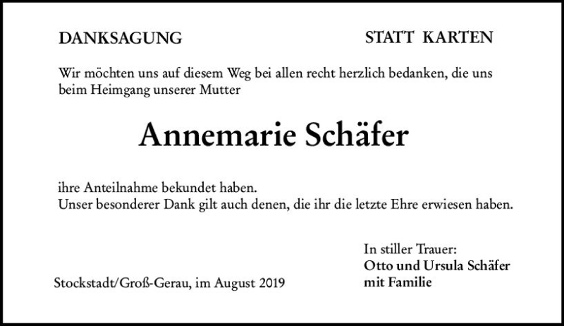  Traueranzeige für Annemarie Schäfer vom 28.08.2019 aus vrm-trauer