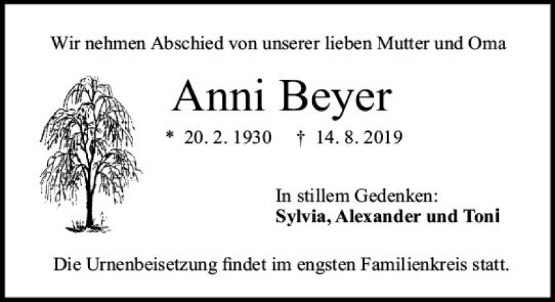  Traueranzeige für Anni Beyer vom 17.08.2019 aus vrm-trauer