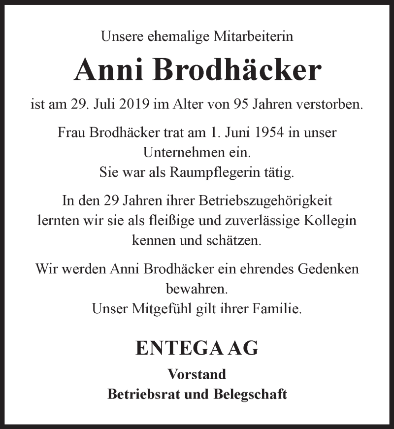  Traueranzeige für Anni Brodhäcker vom 10.08.2019 aus vrm-trauer