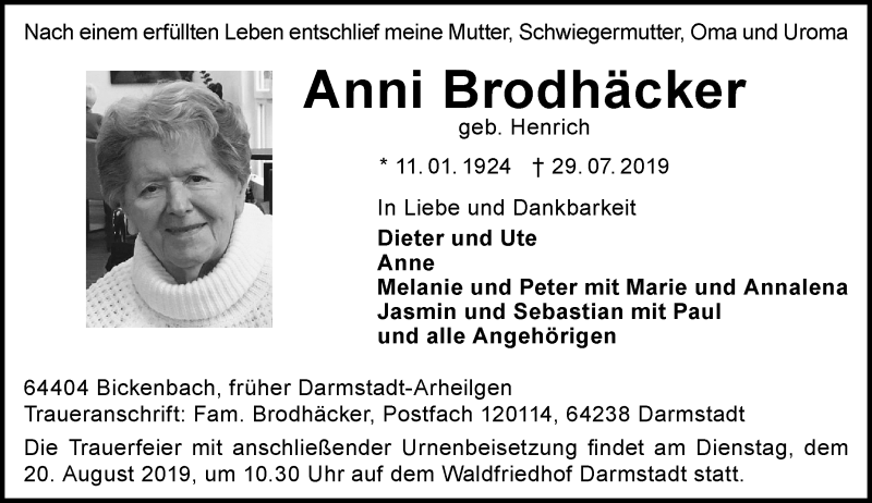  Traueranzeige für Anni Brodhäcker vom 10.08.2019 aus vrm-trauer