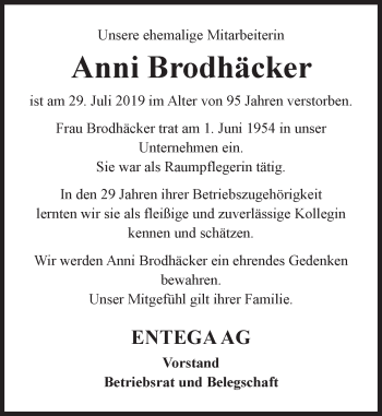 Traueranzeige von Anni Brodhäcker von vrm-trauer