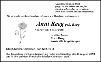 Traueranzeige von Anni Reeg von vrm-trauer
