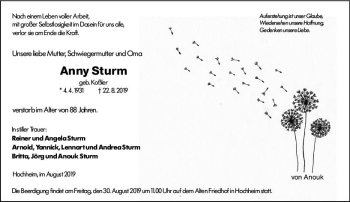 Traueranzeige von Anny Sturm von vrm-trauer