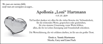 Traueranzeige von Apollonia Hartmann von vrm-trauer