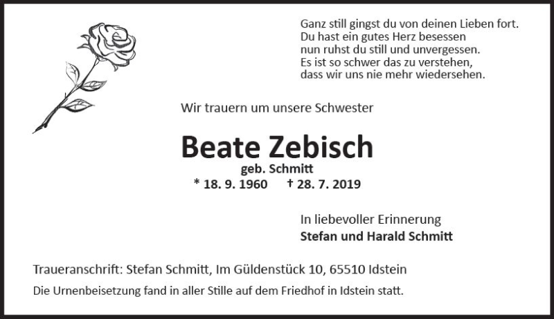  Traueranzeige für Beate Zebisch vom 31.08.2019 aus vrm-trauer