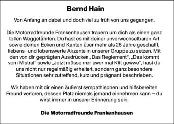 Traueranzeige von Bernd Hain von vrm-trauer